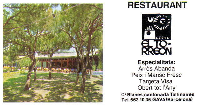Tarjeta del restaurante EL TORREON de Gav&agrave; Mar (1986)